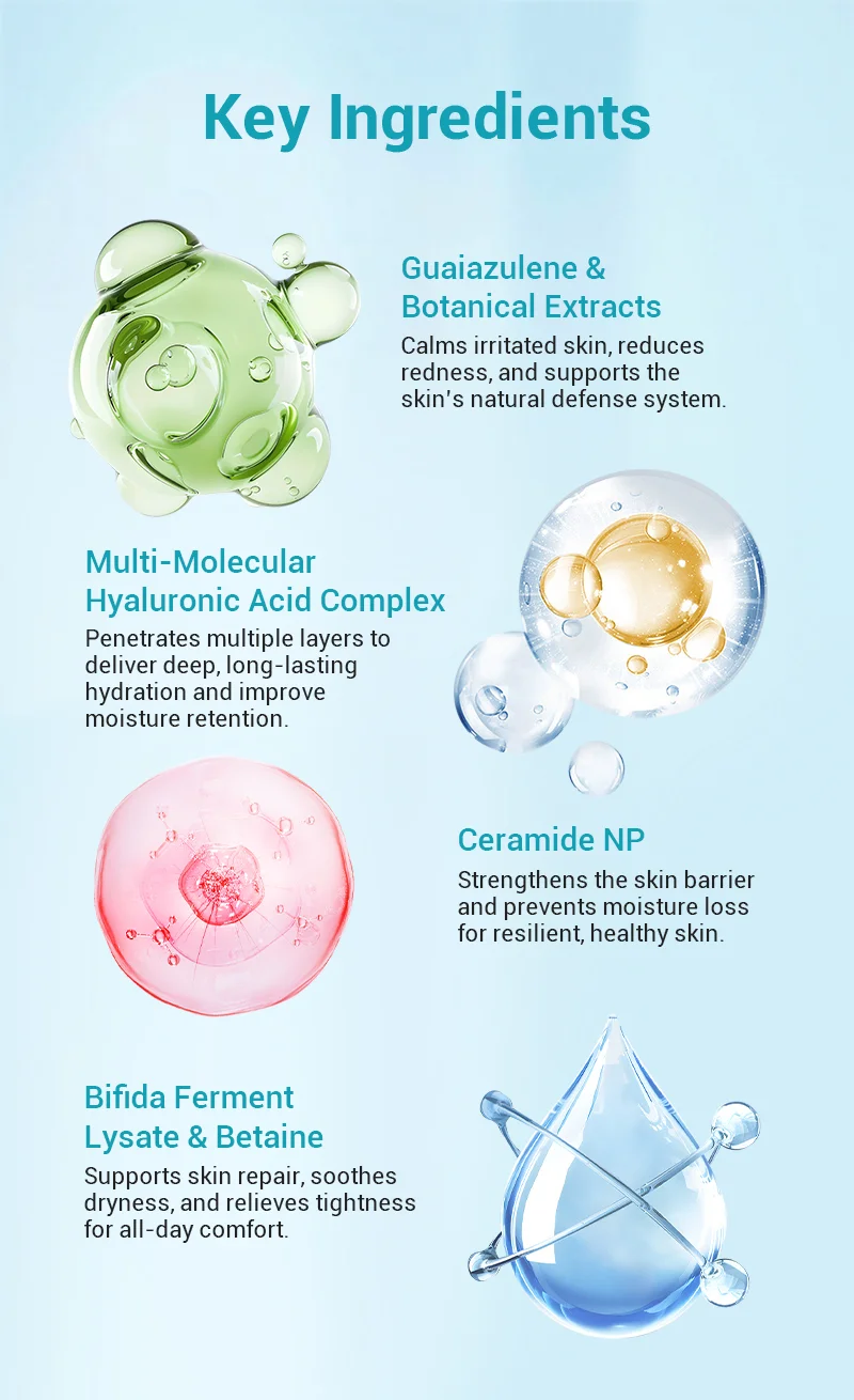 An infographic showcasing key skincare ingredients and their benefits, including guaiazulene, hyaluronic acid, ceramide NP, and bifida ferment lysate.